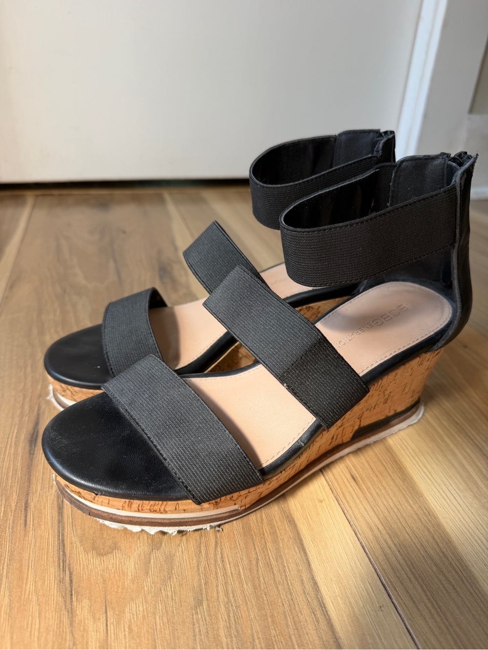 BCBGeneration Black Cork Wedge Sandals with Elastic Ankle Straps